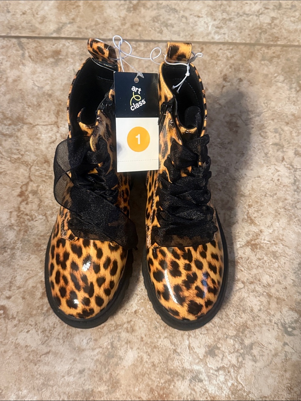 art class Leopard-Print Patent Combat Boots - Black & Tan